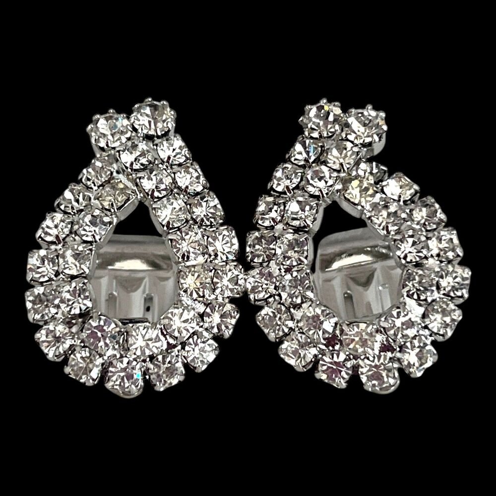 Vintage 1960s Clip On Earrings Silver Tone Rhinestone Teardrop Cluster - 13P